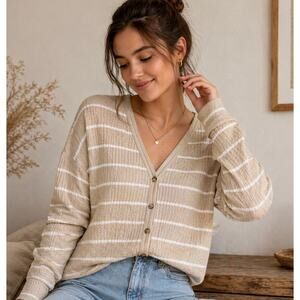 Waffle Knit Thermal Cardigan Size Small Striped Tan White Layering Basic Neutral